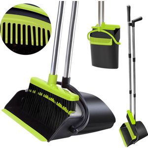 TTD® Stoffer en Blik met Lange Steel XXL - Verstelbaar 54-263 cm - Bezem - Bezemsteel - Groen & zwart - Veger en Blik - Vuilblik voor Binnen en Buiten - Ingebouwde Schoonmaaktanden
