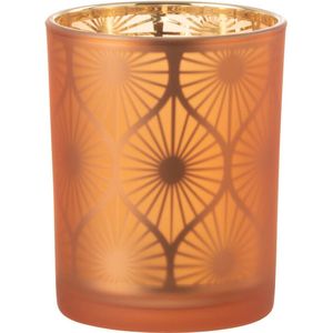 J-Line windlicht Ruit Bloemen - glas - oranje - medium - 2 stuks