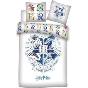 Harry Potter Dekbedovertrek- Katoen- 1persoons- 140x200- Dekbed Draco- Hogwarts Logo