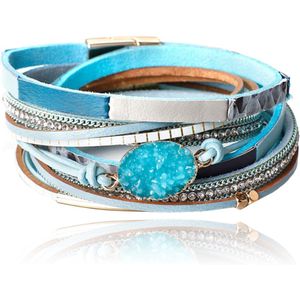 Blauwe leren dames armband Bohemian stijl met steen
