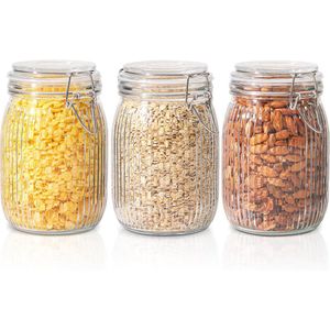 Luchtdichte Glazen Opslagpotten Set van 3 - 1000ml - Voor Granen, Suiker, Koekjes en Meer