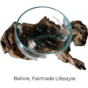Balivie - Decoratieve schaal - Gesmolten glazenschaal op wortelhout - 39x21xø23cm