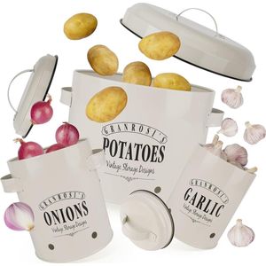 Set Voorraadpotten - Aardappelenpot, Uienpot en Knoflookpot, Vintage Design, Stijlvolle Opslag en Lange Houdbaarheid, Wit