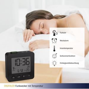 zendergestuurde wekker, 60.2545.01, weergave van datum en binnentemperatuur, achtergrondverlichting, alarm met snooze-functie, zwart, kleind en handig, (L) 66 x (B) 22 x (H) 68 mm