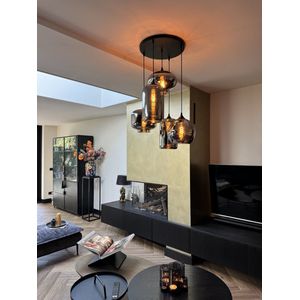 Hanglamp 5-Lichts Mix | Rookglas | Industrieel | Woonkamer | Eetkamer | Smoke | Zwart