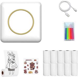 Ultra - Compacte Draagbare Bluetooth - Enabled Draadloze Thermische Printer - Met 10 Rollen Gratispapier, 5 Kleurstiften en Cartoon - Stickers