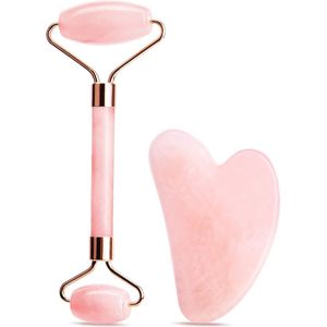 TRANKIELO® - Roze Jade Roller en Gua Sha Set – Gezichts- en Halsmassage Set – Anti-Aging Beauty Tool set – Natuurlijke Kwarts Jade Steen