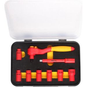 Tolsen Doppenset VDE Premium 9-delig - 7x Dopsleutelset 3/8” 8mm, 10mm, 12mm, 13mm, 14mm, 17mm & 19 mm - 1x Ratelsleutel 3/8” x 250 mm - 1x Verlengstang 3/8” x 125 mm - Volledige Isolatie en Bescherming tot 1000V