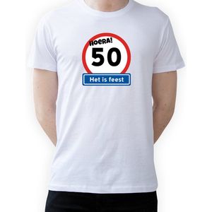 T-shirt Hoera 50 jaar|Fotofabriek T-shirt Hoera het is feest|Wit T-shirt maat M| T-shirt verjaardag (M) Sarah/Abraham(Unisex)