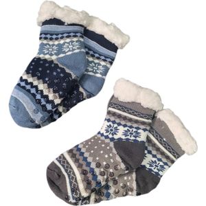 Unisex - Huissokken - Antislip - Gevoerd - Set van 2 paar - Huissokken - Warme wintersokken - Kleur Blauw/Grijs - Maat 30 t/m 35 - Kerst - Cadeau