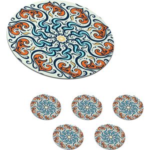 Onderzetters voor glazen - Rond - Mandala - Oranje - Blauw - Patronen - 10x10 cm - Glasonderzetters - 6 stuks