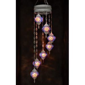 Hanglamp multicolour blauw glas mozaïek Oosterse lamp kroonluchter Crèmewit 7 bollen