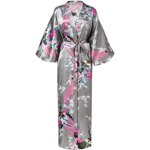 KIMU® Kimono Grijs 7/8e - Maat XS-S - Yukata Satijn Boven de Enkel - Lange Grijze Ochtendjas Japanse Kamerjas Sexy Satijnen Badjas Geisha 152 158 164
