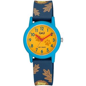 Q&Q V23A-004VY - Horloge - Sport - Analoog - Kinderen - Unisex - Plastic band - Rond - Kunststof - Cijfers - Leeuw - Blauw - DonkerBlauw - Geel - 10 ATM