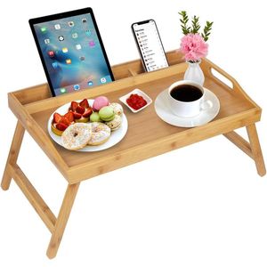 met handvatten, inklapbare poten, bamboe, ontbijttafel met mobiele telefoon- en tablethouder, laptoptafel, keukentafel, serveertafel (geel)