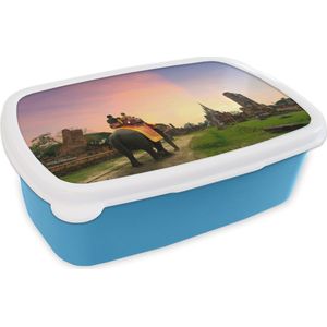 Broodtrommel Blauw - Lunchbox - Brooddoos - Rijden op een olifant - 18x12x6 cm - Kinderen - Jongen