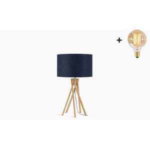 Tafellamp – KILIMANJARO – Bamboe - Blauw Linnen - Met LED-lamp