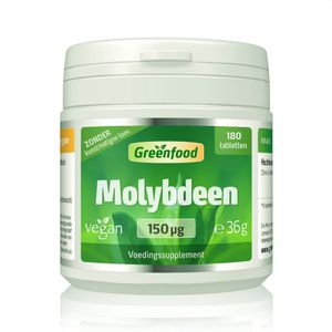 Greenfood Molybdeen, 150 µg, hooggedoseerd, 180 tabletten - draagt bij tot een normaal zwavel aminozuurmetabolisme. Zonder kunstmatige toevoegingen. Veganistisch. Zonder GGO.