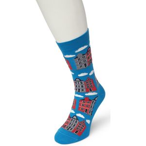 Bonnie Doon Dames Sokken met Huizen Print maat 36/42 Blauw - Thema Sokken - Huisjes - Cadeau Sokken - Word je Happy en vrolijk van - Zacht Katoen met Gladde Teennaad - Comfortabel - Perfect Cadeau - Blithe - BT991114.145