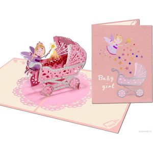 Popcards popupkaarten - Geboortekaart | Roze wiegje met lieve fee voor goede wensen baby girl geboorte pop-up kaart 3D wenskaart