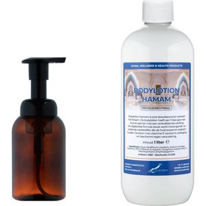 Zeepdispenser 300 ml amber bruin hervulbaar + 1 liter Bodylotion Hamam navulling