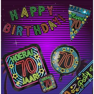 Verjaardag 70 jaar Pakket Neon - Verjaardag Versiering - Happy Birthday Slinger - Verjaardag decoratie - Ballonnen - Jongen / Meisje / Volwassenen - Afzetlint - Feest versiering - Feest decoratie - Neon Happy Birthday