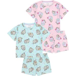 Schattige Pyjama Set voor Meisjes | 2-Pack T-Shirt en Shorts met Cartoon Kat | Nachtkleding voor Kinderen en Tieners
