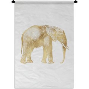 Wandkleed Vintage Afrikaanse dieren - Vintage afbeelding van een Afrikaanse olifant in het goud op een witte achtergrond Wandkleed katoen 60x90 cm - Wandtapijt met foto