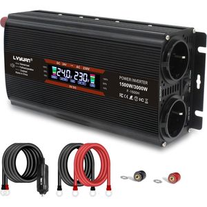 Omvormer 24V naar 230V, 1500W/3000W met LCD Scherm, 2 EU Stopcontacten en USB Aansluitingen