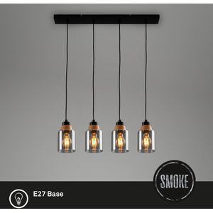 BRILONER - Hanglamp - 4486045 - E27 fitting - Rookglas - Houttoepassing - Gloeilamp niet inbegrepen - 65 x 9,5 x 141 cm - Zwart hout
