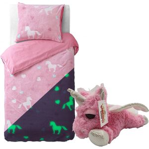 Dekbedovertrek Roze Unicorn- Glow in the Dark- Microfleece- 140x200/220- incl. knuffel Unicorn 20cm