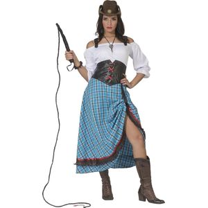 Funny Fashion - Cowboy & Cowgirl Kostuum - Sexy Sue Split Saloon Cowgirl - Vrouw - Blauw, Wit / Beige - Maat 40-42 - Carnavalskleding - Verkleedkleding