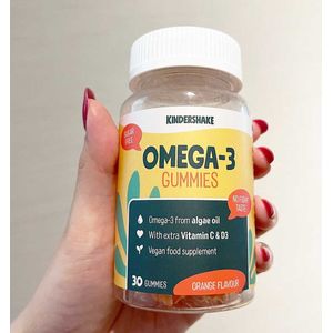 Omega 3 Gummies voor kinderen Sinaasappelsmaak - Geen Vissmaak - Vol Omega-3 vetzuren uit algen, Vitamine C en D - Suikervrij, Vegan en zonder Allergenen - Ondersteunt Immuunsysteem, Hersenfunctie, Leerprestaties en Concentratie - 30 stuks per potje