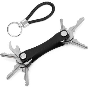 Multifunctionele Sleutelhanger Compact met Metalen Sleutelclip en Lederen Koord - Zwart, 2 Stuks