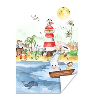 Poster kinderen - Wanddecoratie jongens - Strand - Dieren - Kinderen - Vuurtoren - Poster kinderkamer - 20x30 cm - Decoratie kinderkamers - Kinderkamer decoratie - Poster Babykamer