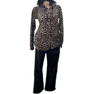 Dames Velours Huispak - Vrijetijdspak 334 Panterprint met Rits Maat- XXXL (44-46) zwart/beige