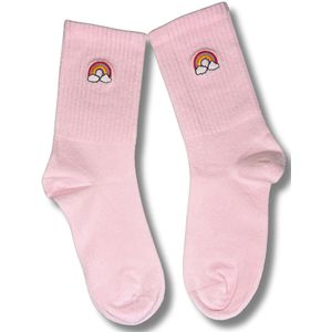 Roze Basic Sokken Dames - Maat 37-42 - Katoen Sokken Met Regenboogmotief