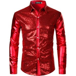 Sprankelende glitter Party Blouse - Stijlvol - Feest - Overhemd - Knoopjes - Rood - Leuke outfit - Voor hem - Mannen