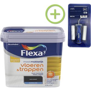 Flexa Mooi Makkelijk - Lak Vloeren en Trappen - Mooi Zwart - 750 ml + Flexa Lakroller - 4 delig