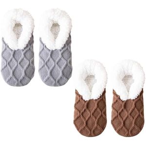 2 paar dames pantoffelsokken - Warme wintervloersokken - Fleecesokken - Comfortabele fleece pantoffelsokken - Pantoffels voor thuis - Donkergrijs, bruin