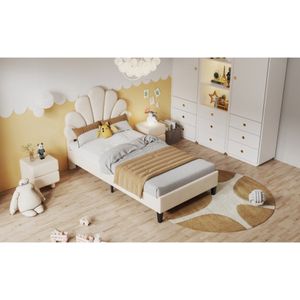 Gestoffeerd bed 90 x 200 cm - bedframe met bloemvormig hoofdeinde - lattenbodem in huidvriendelijke fluwelen stof -beige