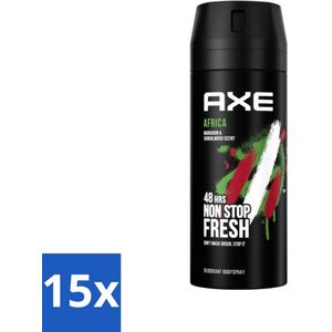 15 x Axe - Deodorant Bodyspray - 48hrs Non Stop Fresh - Africa - Mandarin & Sandalwood - 150 ml - Axe Africa Deodorant Bodyspray - 48 Uur Geur - Mandarijn En Sandelhout - Geurbeheersing - Geurbestrijdend Zink