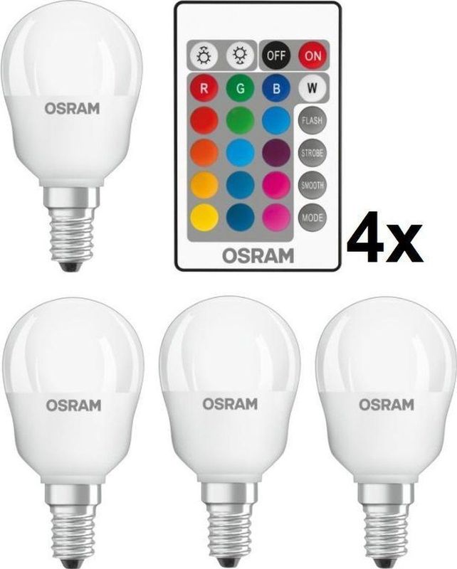 Osram - LED Kogellamp - RGBW - E14 - 4 stuks - 4.2W - Extra Warm Wit - 250lm - Inclusief Afstandsbediening