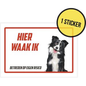 Sticker/ waakbord | ""Hier waak ik"" | Bordercollie | 15 x 10 cm | Border Collie | Waakhond | Hond | Chien | Dog | Betreden op eigen risico | Mijn huisdier | Permanente lijm | Rechthoek | Witte achtergrond | 1 stuk