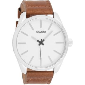 OOZOO Timepieces - Zilverkleurige horloge met bruine leren band - C10320