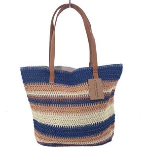 XXL gekleurde gevlochten strandtas schoudertas shopper papierstro kleur donkerblauw zalm