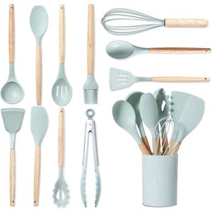 Keukengerei Set Van Siliconen, Hittebestendig, Antikleef, Met Houten Handvat, Geschikt Voor Alle Pannen En Potten, Keukenaccessoires (Lichtgroen)