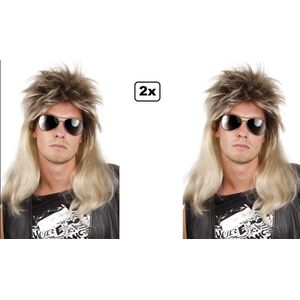 2x Pruik Jovi blond lang haar - Verjaardag pruiken 80s Themafeest party festival hard rocker feest