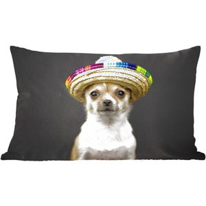 Sierkussens - Kussen - Hond met Mexicaans hoedje op zwarte achtergrond - 50x30 cm - Kussen van katoen