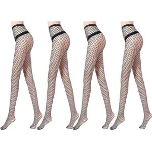 Grote maat netpanty netkousen voor dames sexy naadloos hoge taille zwart eenheidsmaat 4 stuks Zwart.